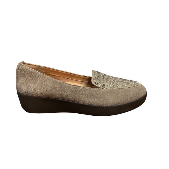 FITFLOP Womens 5 Crystal Platform Sneakerloafer TAN Leather Slip-On Shoes NEW - Picture 4 of 7